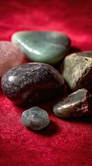 Fototapeta premium Close-up of various tumbled stones on red fabric
