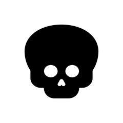 A black skull with white eye sockets and a triangular nose hole on a white background is displayed here