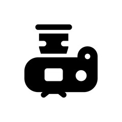 Illustration of a black meat grinder with a hopper and two circular details on the front side view isolated