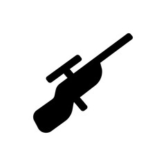 Illustration of a black silhouette of a rifle with a scope on top pointing diagonally upward to the right