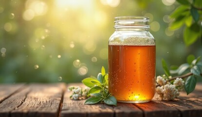 A glass jar filled with fizzy kombucha sits on a rustic wooden table, illuminated by warm afternoon light