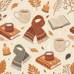 This seamless pattern showcases elements of autumn, including steaming mugs, candles, and cozy scarves among scattered leaves. Perfect for evoking warmth and comfort during the season