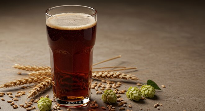 craft beer in pint glass on rustic surface surrounded by barley and hops. rich dark ale with frothy head, perfect for brewing enthusiasts and craft beer connoisseurs