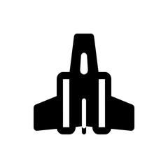 Illustration of a stylized black spaceship with wings and a tail fin on a white background design element