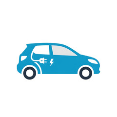 Blue electric car with charging plug symbol isolated on transparent background