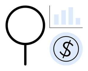 Magnifying glass next to a dollar sign inside a circle and bar chart ascending. Ideal for finance, investment, economic trends, market analysis, business growth, data research, simple flat metaphor