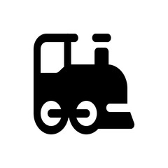 Illustration of a simple black train with a square cabin and two wheels on a white background design icon