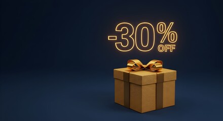 Golden gift with promotion of 30 percent off in 3D render