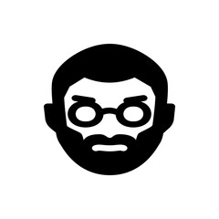 Illustration of a bearded man with round glasses and dark hair in a simple black and white design style