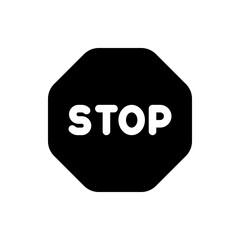 A black stop sign with white text indicating to stop is displayed on a white background clearly visible