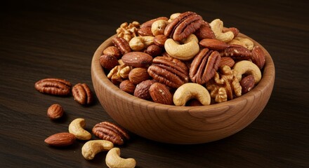 Mixed Nuts in Wooden Bowl on Dark Background