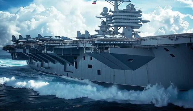 Modern aircraft carrier cutting through ocean waves, front bow view, gray naval warship with flight deck, control tower with radar equipment and communication masts