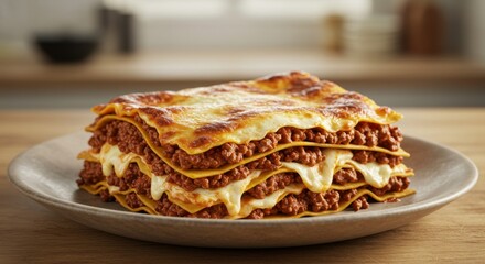 Layered Lasagna on a Plate with Meat and Cheese