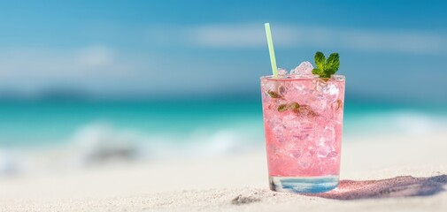 The Pink Beach Cocktail on a Sunny Shore with Mint Garnish and Ice