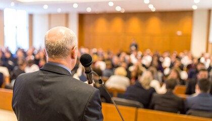 Speaker addressing a large audience in a hall