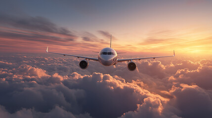 airplane flying over clouds , in the sky at sunset