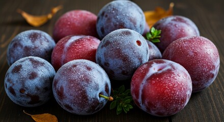 Obraz premium Ripe Red And Blue Plums On Dark Wooden Background