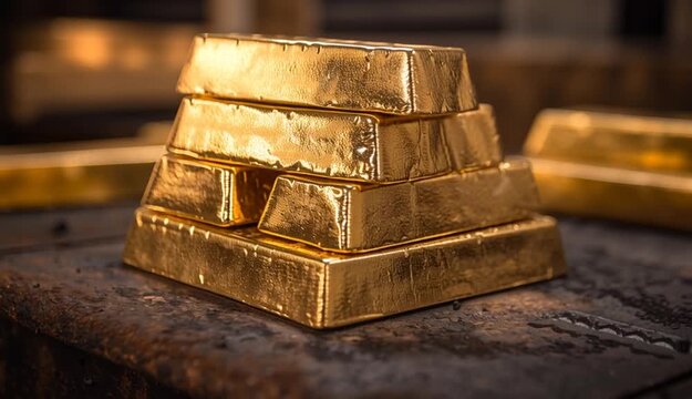 A stack of gold bars, neatly arranged on a rustic, weathered metal surface, each bar showing a slightly rough
