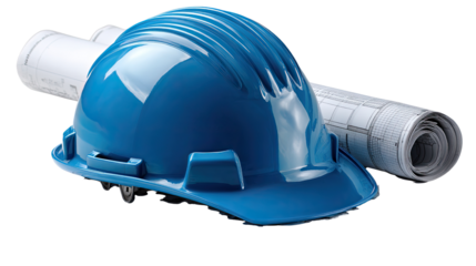 Blueprint for Progress: A close-up shot showcasing a construction blueprint roll alongside a vibrant blue construction helmet, symbolizing architectural planning. 