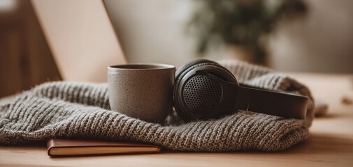 The Headphones Resting On Knit Blanket Beside A Mug At Desk