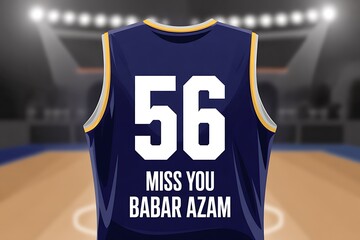 Basketball jersey tribute to Babar Azam, number 56, in stadium setting, expressing heartfelt sentiment, perfect for fan art and sports content