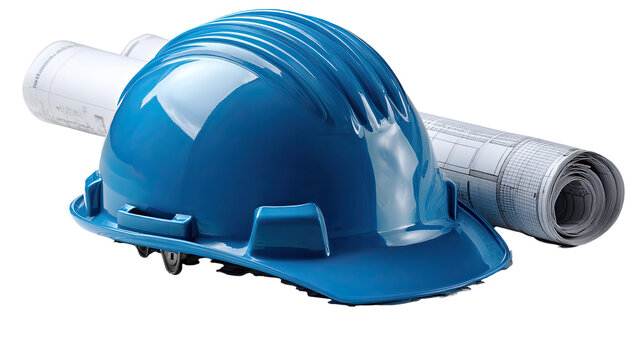 Blueprint for Progress: A close-up shot showcasing a construction blueprint roll alongside a vibrant blue construction helmet, symbolizing architectural planning.  - Powered by Adobe