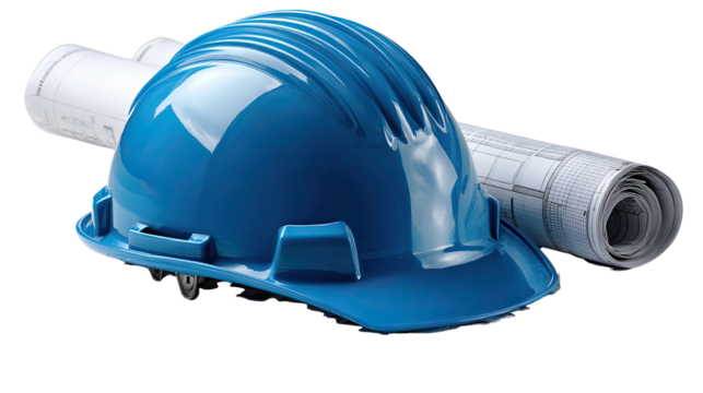 Blueprint for Progress: A close-up shot showcasing a construction blueprint roll alongside a vibrant blue construction helmet, symbolizing architectural planning. 