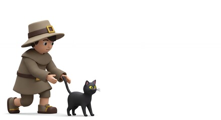 Boy leading black cat on leash cartoon illustration