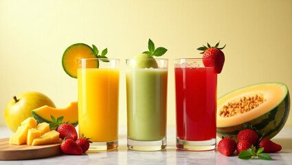 fruit juice smoothies and fruits mangos, melon, strawberry