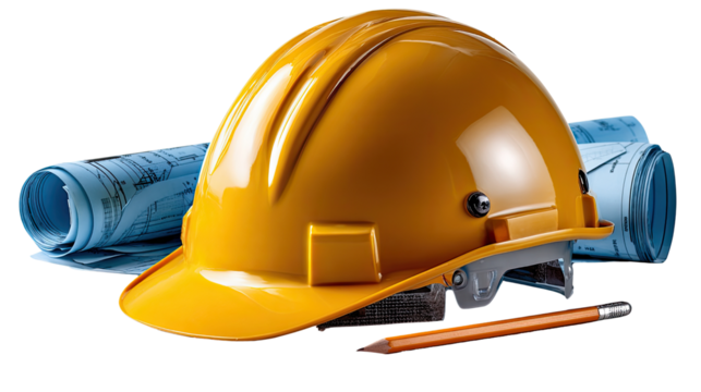 Blueprint for Construction: A close-up image features a bright yellow safety helmet resting atop rolled-up blueprints, next to a pencil, epitomizing construction, architecture.