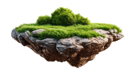 Floating Island: A solitary islet, composed of rugged stone and verdant grass, drifts serenely against a backdrop of ethereal serenity, presenting a fusion of nature's beauty.