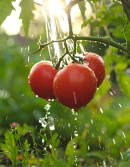 Fresh tomatoes being watered