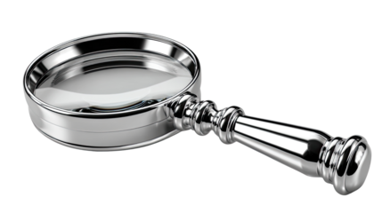 Magnifying Glass: A shiny silver magnifying glass gleams with a clear lens, set against a neutral backdrop, inviting exploration and detailed observation.