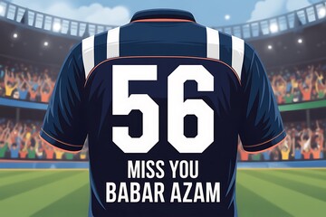 Cricket jersey design with Babar Azam's name and number, evoking nostalgia and fan emotion, at a packed stadium
