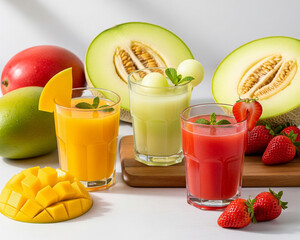 healthy fruit juice smoothies of mangos, melon, strawberry