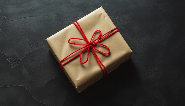 Crafted gift box wrapped in brown paper tied with vibrant red string bow. Rustic, elegant package design suitable for any special occasion