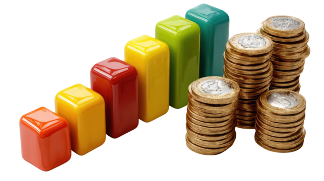 Financial Growth Chart: A colorful ascending bar graph juxtaposed with stacks of coins, symbolizing financial growth and prosperity, all rendered with a photorealistic aesthetic.