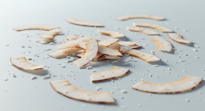White Coconut Chips Scattered on Light Blue Background