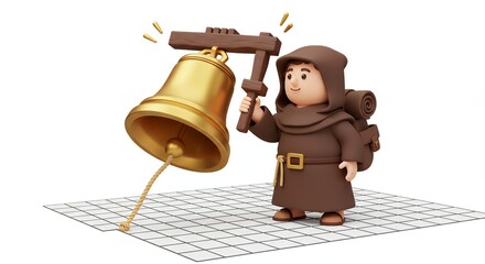 Cartoon monk ringing a large gold bell