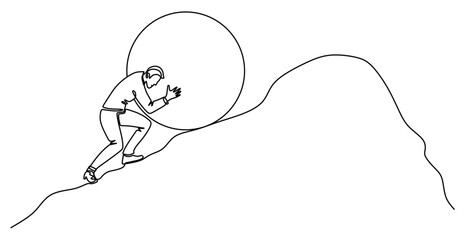 Continuous line art of a man in a work suit pushing a large rock. The concept of hard work for success. This image is isolated with a transparent background.