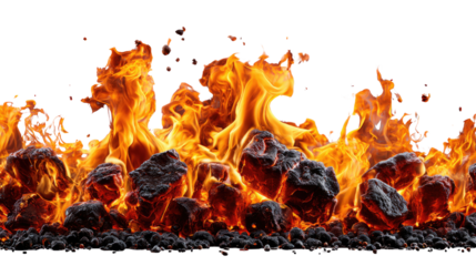 Burning Ember's Inferno: Intense visual of a burning ember's inferno, with flames consuming the coal as fire rises, and smoke and debris explode. A powerful display of heat and combustion.