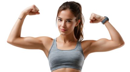 Confident Woman Flexing Muscles: A strong and confident woman, radiating health and vitality, flexes her biceps in a display of fitness and strength. She is empowered by her hard work and dedication.