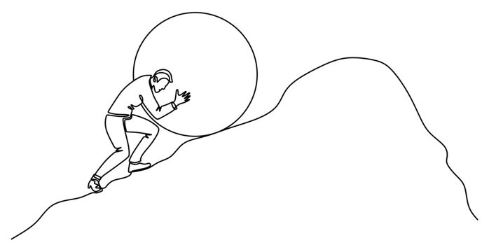 Continuous line art of a man in a work suit pushing a large rock. The concept of hard work for success. This image is isolated with a transparent background.
