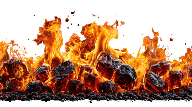 Burning Ember's Inferno: Intense visual of a burning ember's inferno, with flames consuming the coal as fire rises, and smoke and debris explode. A powerful display of heat and combustion.