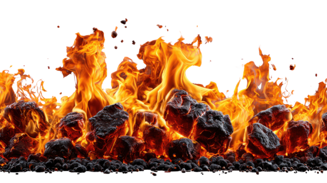 Burning Ember's Inferno: Intense visual of a burning ember's inferno, with flames consuming the coal as fire rises, and smoke and debris explode. A powerful display of heat and combustion.