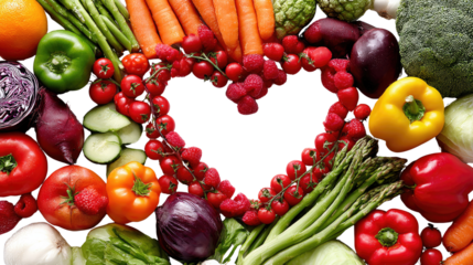 Healthy Hearty Harvest: A vibrant arrangement of fresh, colorful fruits and vegetables, thoughtfully arranged to form a heart shape, symbolizing a commitment to health, well-being.