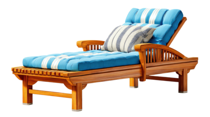 Sun Lounger in Sunshine: A luxurious sun lounger with blue cushions and a striped pillow on a deck, inviting relaxation and leisure in the sun.
