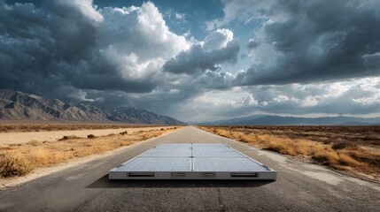 Desert road platform - Empty platform placed in the middle of a desert highway, dramatic sky in background, 
