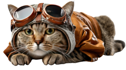 Aviator Cat in Gear: A captivating tabby cat, decked out in aviator gear, strikes a pose of confident composure, evoking a sense of adventure and whimsical charm.