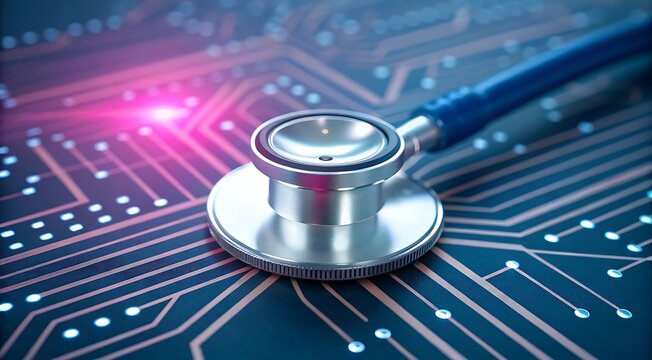 Digital Healthcare Concept Stethoscope on Circuit Board Futuristic Medicine and Technology Convergence for Advanced Diagnostics and Medical Innovation and Artificial Intelligence